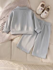 2pcs Baby (Boy) Sports Casual Loose Collar Long Sleeve Sweatshirt & Pants Set, Autumn/Winter - Light Grey - View 2