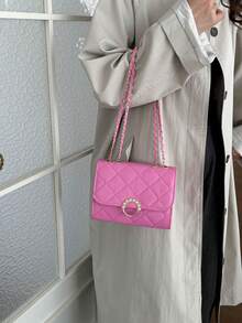 Faux Pearl Ring Decor Quilted Mini Square Bag, Women Chain Strap Flap Shoulder Crossbody Purse - Pink - View 4