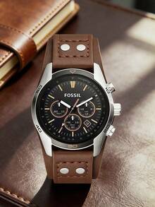 Men's Fossil CH2891 Analog Chronograph Wrist Watch,Brown Rivet‑Decorated Textured Band,Silver Metal Case,Sport Aviation‑Inspired Casual Dress Watch - Black - View 9