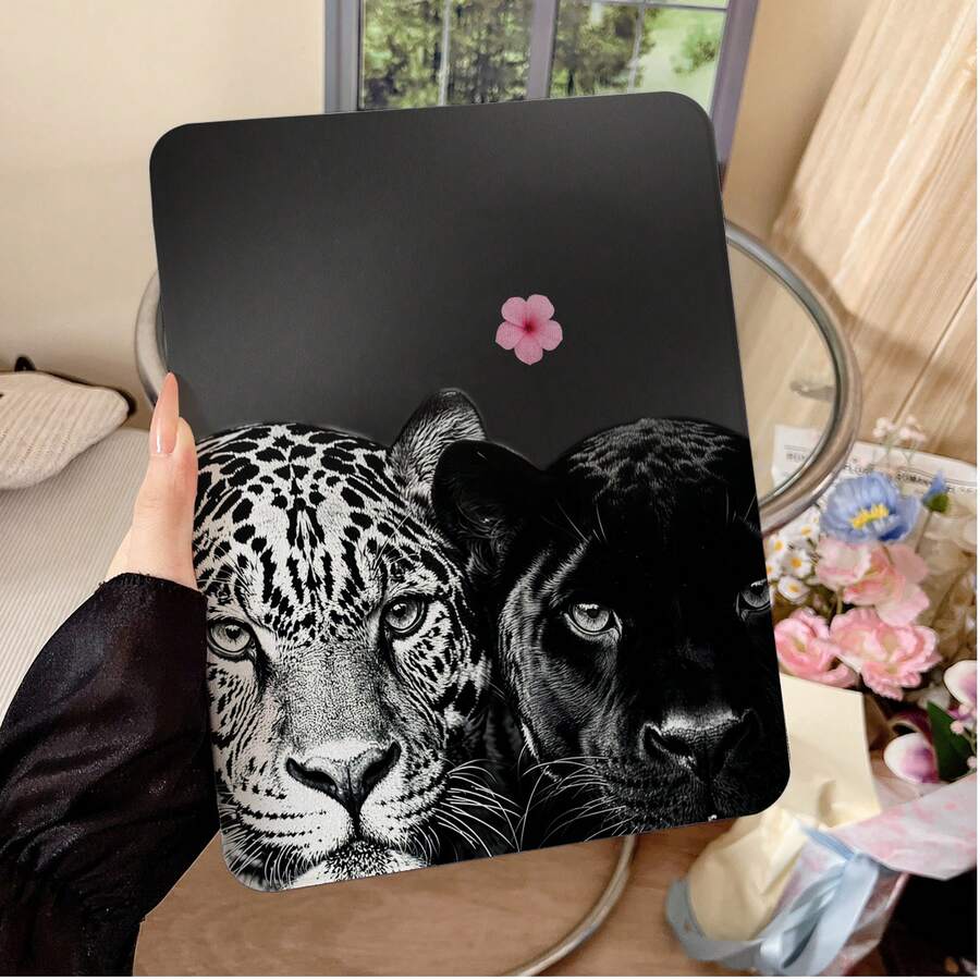 1件裝藝術黑白豹對與粉色花朵平板保護殼，相容 iPad 10代 10.9吋 2022 智慧保護殼 / Air 13(M3 2025) / Air 11(M3 2025) / 11(A16 2025)，相容 Oppo Pad、 Matepad、Vivo Pad、Honor Pad、 Xiaoxin Pad