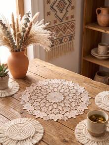 1/2/4/6pcs Ditsy Floral Embroidered Solid Color Round Placemats, Bohemian Style Kitchen Decor, Dining Table Mats, Coasters For Cups/Bowls/Plates, Non-Slip, Suitable For Holidays, Parties, Birthdays, Weddings, Dinners, Offices, Coffee Tables, Home Decor, All Seasons - Champagne - View 8