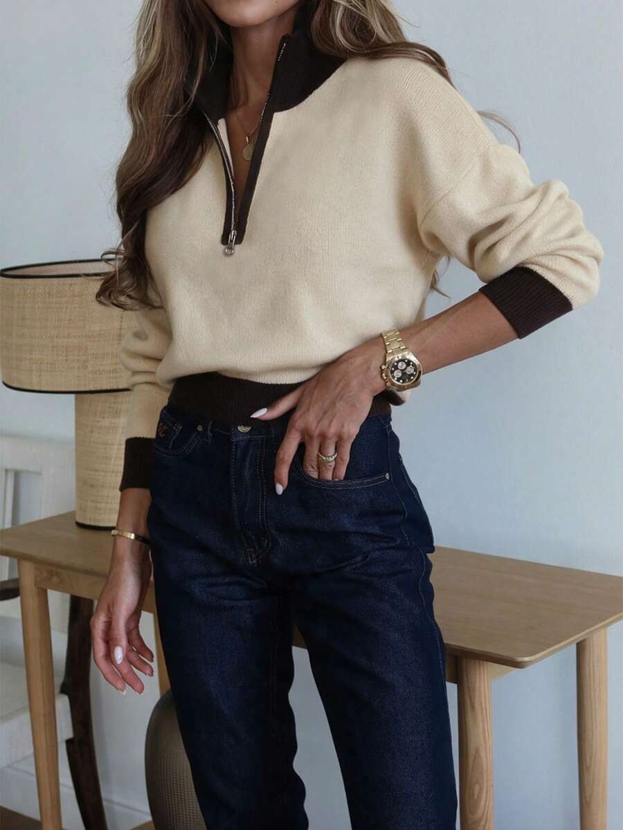 杏色拉鍊高領女款毛衣,復古優雅長袖秋冬通勤穿搭,休閒時尚對比飾邊套頭夾克 - 杏色 - 查看 1