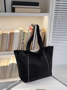 Yogodlns Large Capacity Suede Tote Bag With Rivet Decor Textured Handbag, Commuter Shoulder Bag, Casual Winter Underarm Bag - Black - View 6