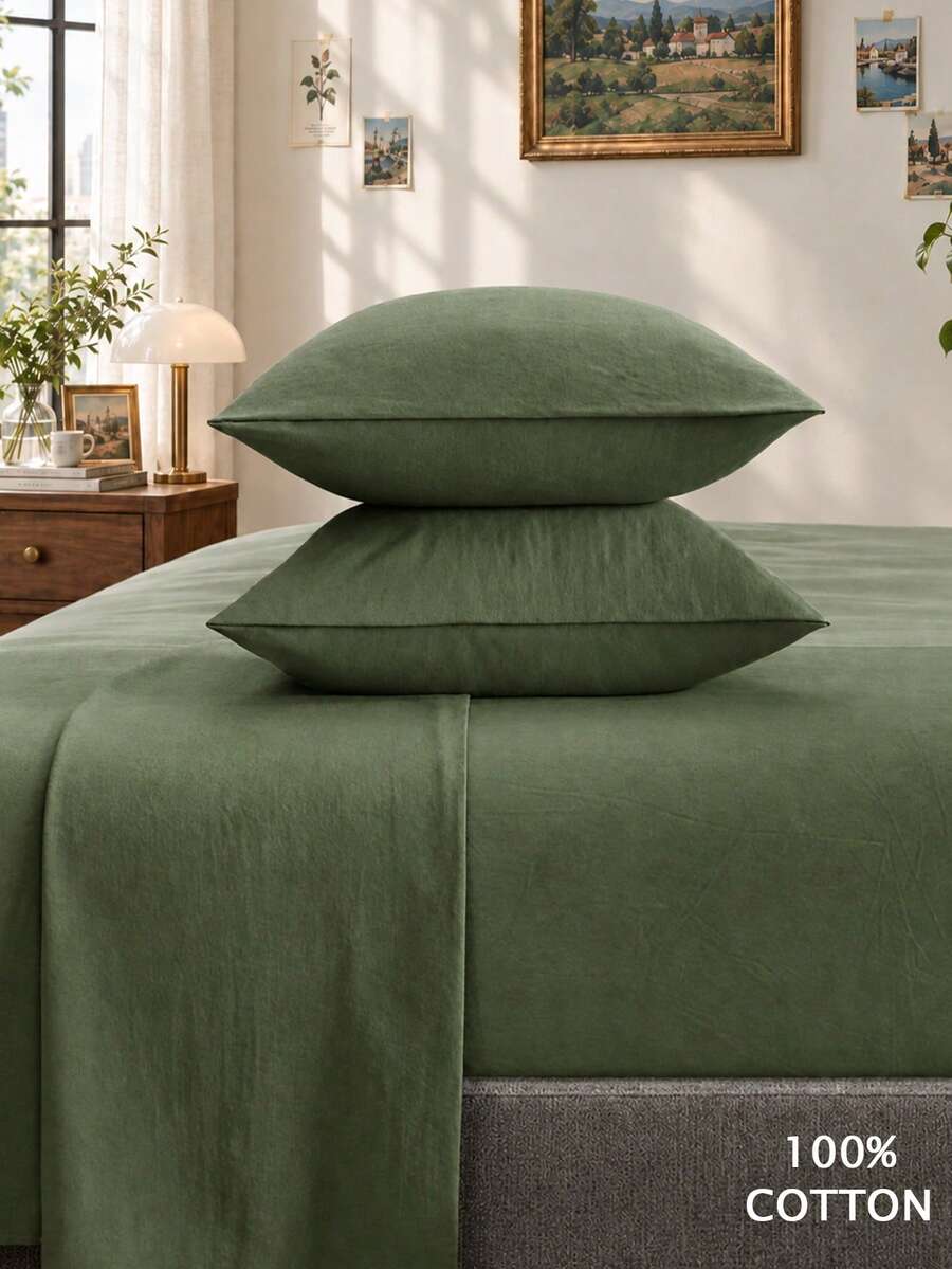4pcs Bedding Set, Easy Care, Linen Feel, Includes 1 Flat Sheet, 1 Fitted Sheet, 2 Pillowcases, Available In Super King, King, Queen, Twin Sizes, 35cm Deep Pocket, Breathable, Comfortable Sleep, Minimalist Style, Great Gift For Parents And Friends - Green - View 1