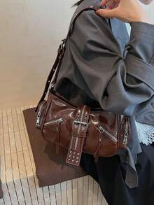 Fashion Niche Design Autumn/Winter New High-End Rivet Motorcycle Bag Sweet Cool Style Versatile Underarm Bag Shoulder Bag Crossbody Bag Motorcycle Bag - Multicolor - View 8