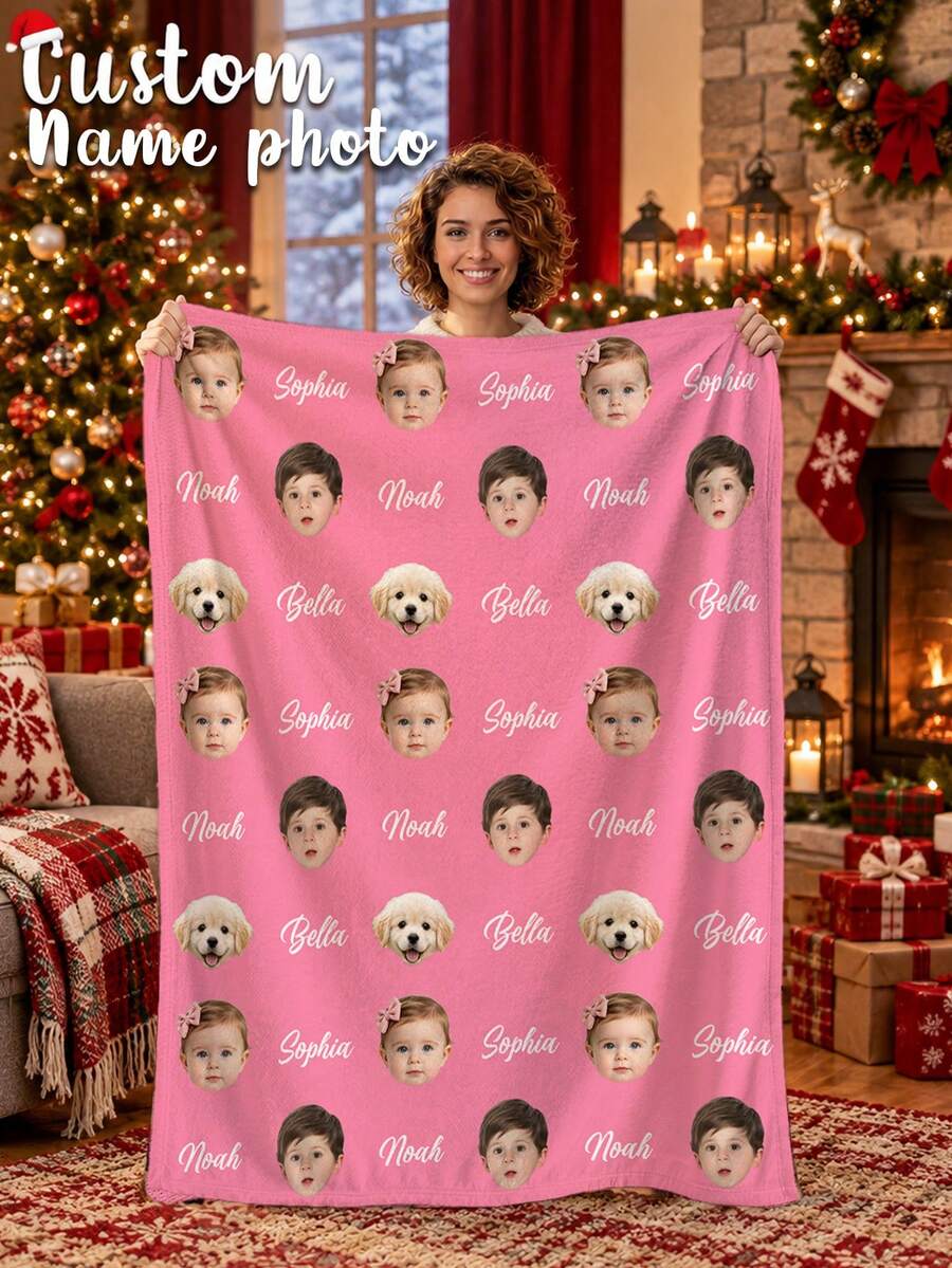 1pc Customized Face Pattern Blanket, Multi-Purpose Living Room Sofa Outdoor Beach Camping Pet Blanket, Personalized Home/Pet/Couple Bed Blanket, Personalized Christmas Gift, Birthday Gift, Gift For Friends/Son/Daughter, Memory Keepsake - Style 8 - View 1