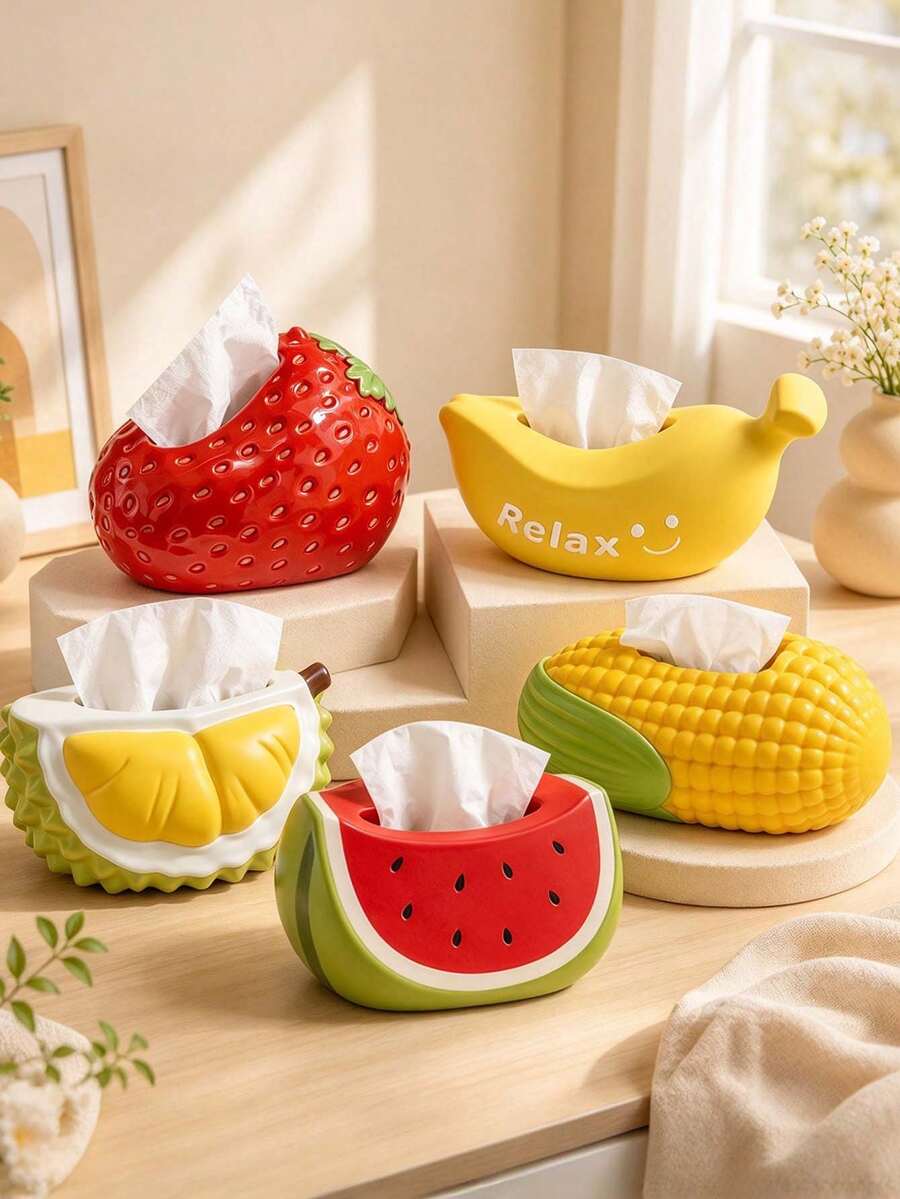 1pc Cute Style,Realistic Fruit Shaped Tissue Holder, Fruit Texture,Desktop Tissue Dispenser, Decorative Napkin Storage Box,For Living Room Bedroom Kitchen Desk Decor, Home Tabletop Decoration, Housewarming Gift, All Season Home Decorchristmasgifts - Multicolor - View 1