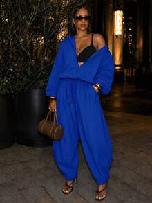 Aliling Women's Autumn/Winter Fashion Casual Solid Color Stand Collar Zipper Lantern Long Sleeve Jacket + Drawstring Waist Loose Curved Leg Pants 2 Pieces Set, Jacket Hem Drawstring Detail, Adjustable Length, Suitable For Casual Streetwear And Daily Outings - Royal Blue - View 9