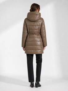 Women's Metallic Winter Puffer Jacket, Fixed Hood, Synthetic Down, Hidden Cuffs, Two-Way Zip, Adjustable Waist, 2 Pockets, Mid-Thigh - Beige - View 3