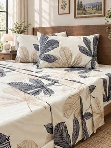 4pcs Set, 100% Polyester, Pastoral Leaf Print, 35cm Deep Pocket Fitted Sheet, Printed Bedding Set (2 Pillowcases + 1 Bed Sheet + 1 Fitted Sheet), All-Season Modern Bedding Set, Minimalist Style, Soft & Comfortable, Breathable - Multicolor - View 1