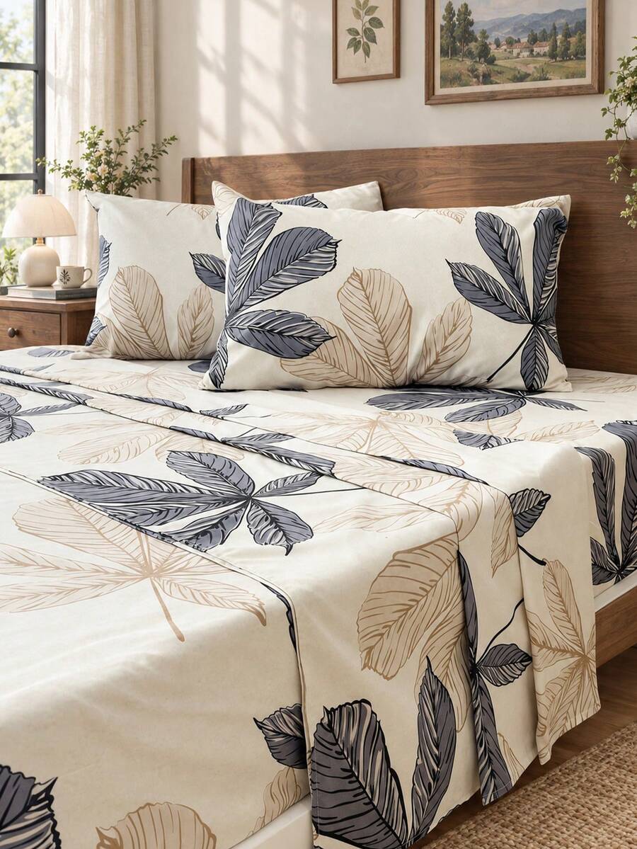4pcs Set, 100% Polyester, Pastoral Leaf Print, 35cm Deep Pocket Fitted Sheet, Printed Bedding Set (2 Pillowcases + 1 Bed Sheet + 1 Fitted Sheet), All-Season Modern Bedding Set, Minimalist Style, Soft & Comfortable, Breathable - Multicolor - View 1