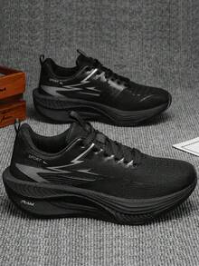 Men's Black Mesh Sports Shoes, Fashion Lightning Print Lightweight Cushioned Running Shoes, Durable Non-Slip Style, Suitable For Fitness, Walking And Daily Wear - Black - View 1