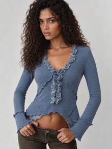 Zerodot Women Dusty Blue V-Neck With Lettuce Ruffle Detail Ribbed Knit Top Party Going Out Fall Winter Pre Fall - Baby Blue - View 1