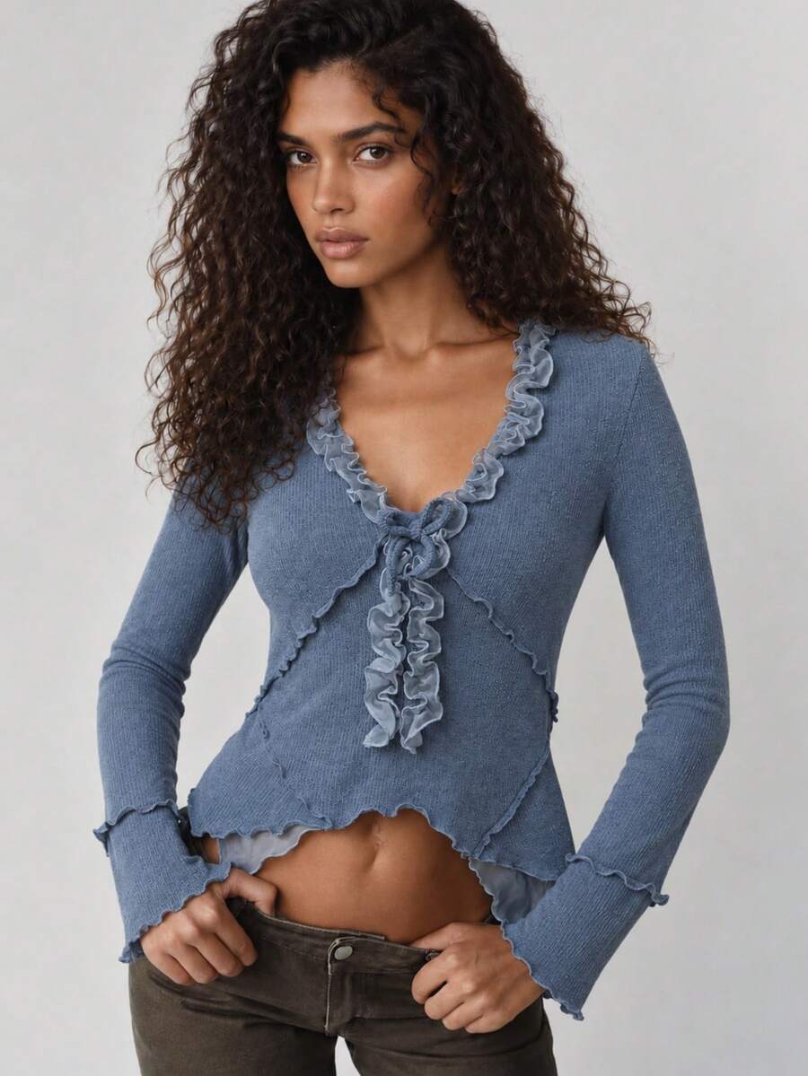 Zerodot Women Dusty Blue V-Neck With Lettuce Ruffle Detail Ribbed Knit Top Party Going Out Fall Winter Pre Fall - Baby Blue - View 1