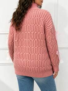 Women's Plus Size Textured Knit Cardigan With Organza Bow, Stand Collar Button Front, Autumn/Winter Office Casual Knit Top - Watermelon Pink - View 4