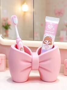 1 cái cốc đựng bàn chải đánh răng trẻ em phong cách dễ thương màu hồng nơ, 2 ngăn - Hồng - Xem 3