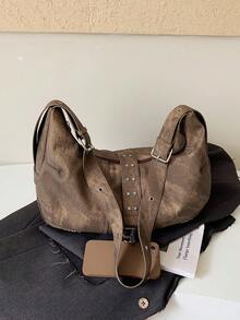 Vintage Distressed Wasteland Style Rivet Commuter Fashion Shoulder Crossbody Tote - Brown - View 9