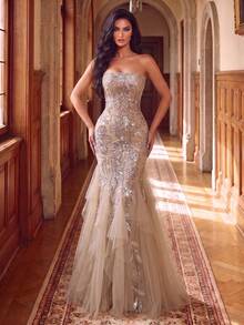 Women's Sequin Long Mermaid Evening Gown, Strapless Neckline, Contrast Mesh Detail, Elegant Party Dress - Champagne - View 5