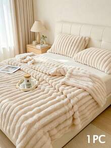 1pc Luxury Double-Sided Faux Rabbit Fur Blanket - Comfortable Striped Flannel, Soft And Warm, Suitable For Nap, Office, Camping, Sofa - Multi-Functional Polyester Bedspread, Christmas Gift - White - View 3