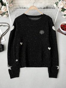 Korean Style Sweet Cute Snowflake Star Heart Jacquard Long Sleeve Knit Sweater Women Autumn Winter Loose Round Neck Thick Pullover Top, Winter Christmas Snowy Day Outfit - Black - View 10
