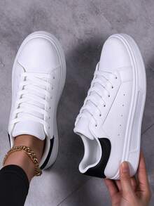LIVEST Women's Black And White Decorative Detail Lace-Up Skateboard Shoes Casual Style Sports Sneakers - Black and White - View 9