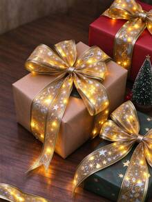 Christmas Gold Foil Star Organza LED Fairy Light String, Battery Powered, Flexible Translucent Mesh Fabric For Christmas Tree And Bow Decoration - Gold Ribbon - View 3