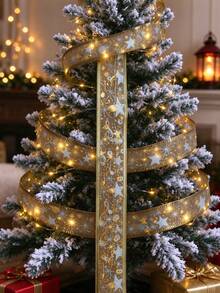 Christmas Gold Foil Star Organza LED Fairy Light String, Battery Powered, Flexible Translucent Mesh Fabric For Christmas Tree And Bow Decoration - Gold Ribbon - View 7