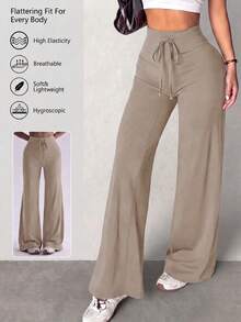 Solid Color High Waist Drawstring Wide Leg Yoga Pants For Women, High Elasticity Draping Skin-Friendly Sports Long Pants, Tummy Control Slimming Casual Fitness Straight Leg Pants Suitable For Daily Wear - Khaki - View 1