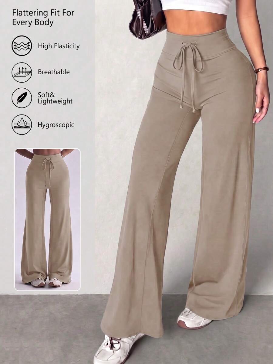 Solid Color High Waist Drawstring Wide Leg Yoga Pants For Women, High Elasticity Draping Skin-Friendly Sports Long Pants, Tummy Control Slimming Casual Fitness Straight Leg Pants Suitable For Daily Wear - Khaki - View 1