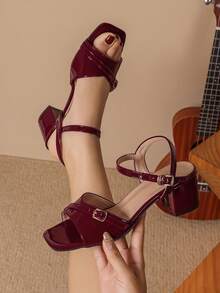 Wine Red New Fashion Women's High Heel Sandals, Minimalist Style With Back Strap, Single Strap, Chunky Heel, Square Toe, Open Toe, Peep Toe Slippers - Burgundy - View 1