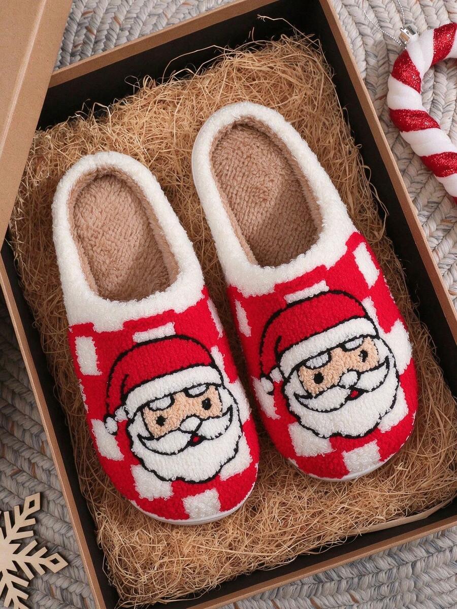 Autumn/Winter Christmas Plaid Santa Claus Embroidered Plush Closed-Toe Slippers, Thickened Anti-Slip Thermal Lined House Slippers - Red - View 1