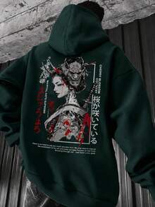 Krometka Men's Japanese Samurai Character Graphic Hoodie, Streetwear Loose Casual Pullover - Green - View 2