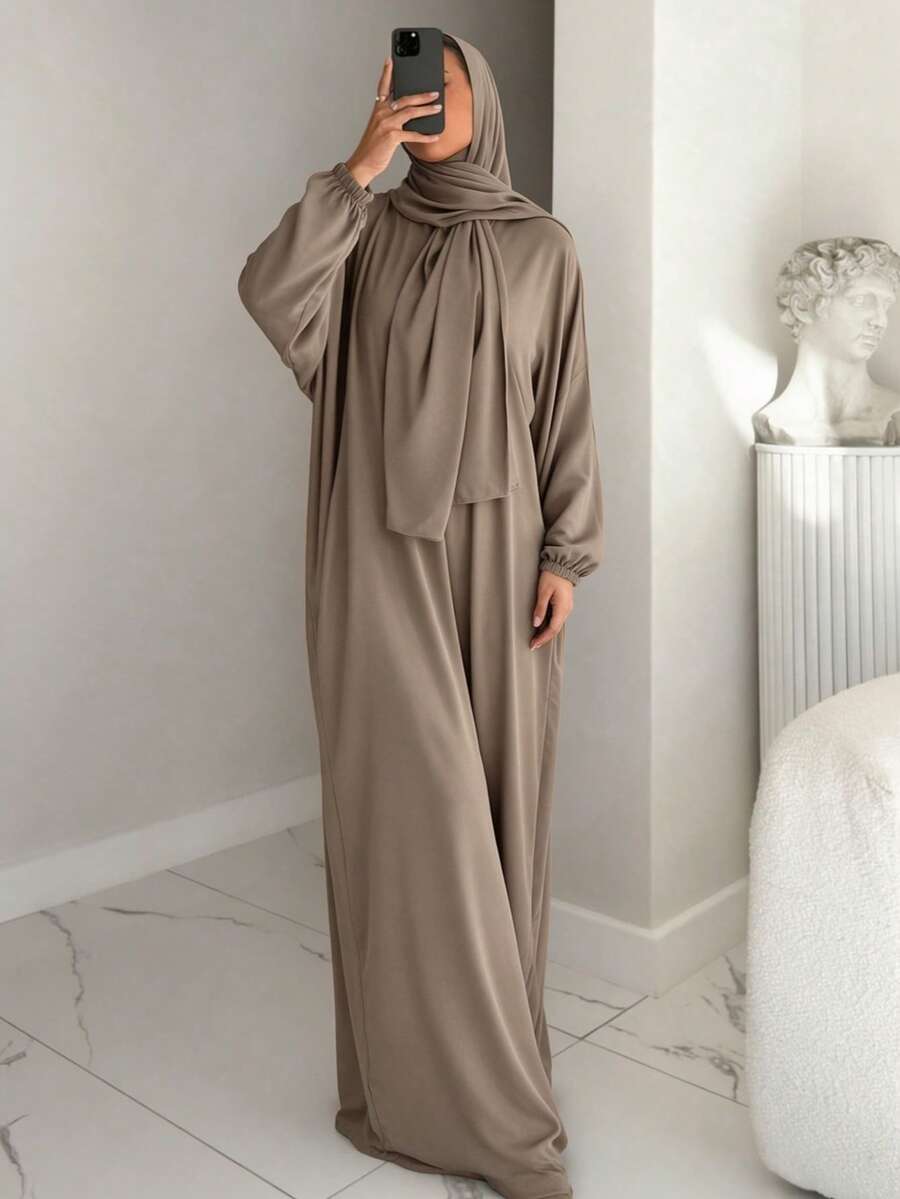 1件女款簡約日常禱告頭巾 (Abaya) - 卡其色 - 查看 1
