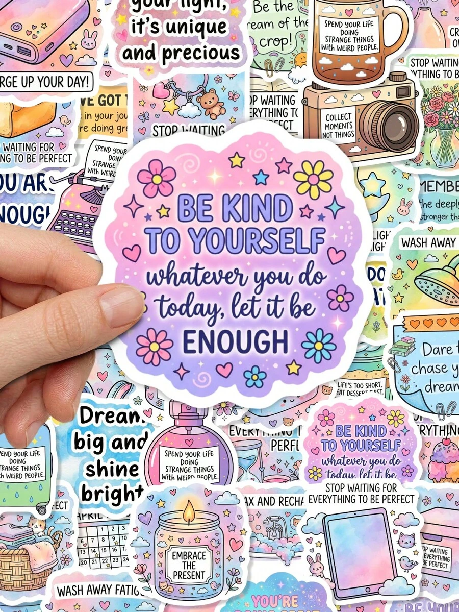 50/100Pcs Cute Positive Affirmation Stickers, Watercolor Self Affirmation Quote Cartoon Inspirational Quote & Cottage Floral Decals For Junk Journal, Water Bottle, Laptop & Planner DIY Craft Decor - Multicolor - View 1