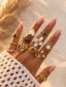 6/12pcs Sun Lava Liquid Metal Asymmetrical Vintage Bohemian Oil Drop Flower Heart Multi-Element Tiger Eye Stone Ring Set, Suitable For Party, Gift For Friends And Family, Daily Wear - Gold - View 1