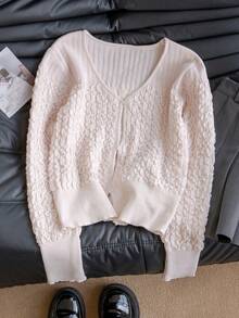 Soft Pink V-Neck Fitted Knit Sweater Women, Pleated Cable Knit Cardigan, Collegiate Style - وردي - مشاهدة 6
