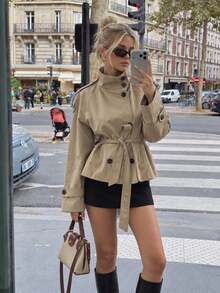 Women's Fashion Solid Color Belted Long Sleeve Jacket Casual Button Slim Fit Stand Collar Coat - Khaki - View 6
