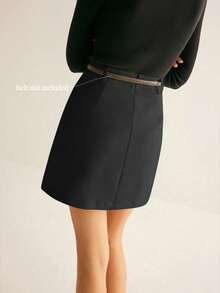 Women's Black Woven Fabric Mini Skirt, Non-Stretch A-Line Casual Skirt - Black - View 8