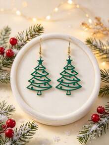 1 Pair Hollow Green Christmas Tree & Star Long Drop Earrings For Women, Christmas Holiday Party Atmosphere Styling - Golden Yellow+Green - View 2