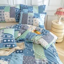 2/3pcs Boho Floral Patchwork Duvet Cover Set, Soft Brushed Polyester With Bow Print, Zipper Closure, Machine Washable, Water-Washed Denim Blue, All-Season Use For Bedroom/Home, Perfect Gift For Women & Teens - Blue and White - View 6