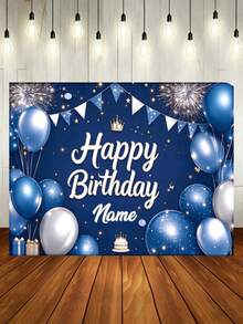 Customizable Name Happy Birthday Banner Backdrop, Blue Flag Background Decoration With Balloons, Shiny Crown, Stars And Sparkling Fireworks Design, Birthday Party Cake Table Decoration, Photography Banner Prop, Vinyl Material, Photo Booth Backdrop - Blue - View 2