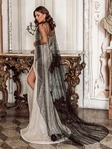 1PC Black Beaded Tulle Long Train Cape, Sheer Stand Collar Wedding Shawl, Dark Style Gown Overlay For Photoshoot - Multicolor - View 8