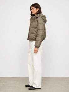 Women's Cropped Puffer Jacket With Detachable Hood, Ribbed Cuffs, Drawstring Hem, Zip And Snap Closure, 2 Pockets - Beige - View 2