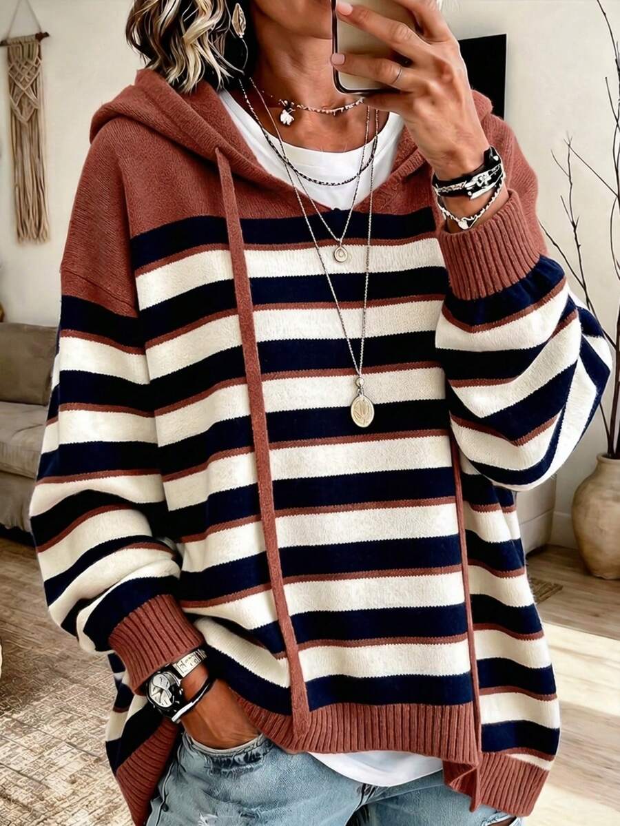 2026秋季女款拼色條紋抽繩V領連帽衫,寬鬆落肩短袖針織上衣,休閒通勤套頭毛衣 - 亮橙色 - 查看 1