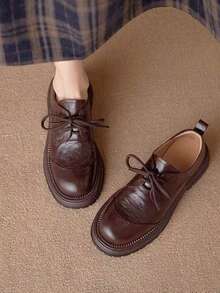 Women's Thick Sole Solid Color PU Oxford Shoes, Fashionable College Style Lace-Up Loafers, All Season Commute Brown Leather Shoes - Brown - View 5