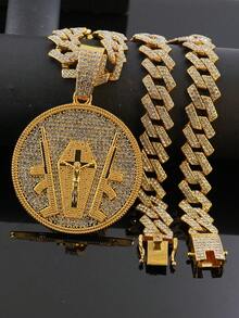 1pc European And American Hip Hop Round Badge Jesus Cross Rhinestone Pendant Necklace, Full Rhinestone Cuban Chain, Men's Street Style Fashion Accessory - pendant necklace - View 5