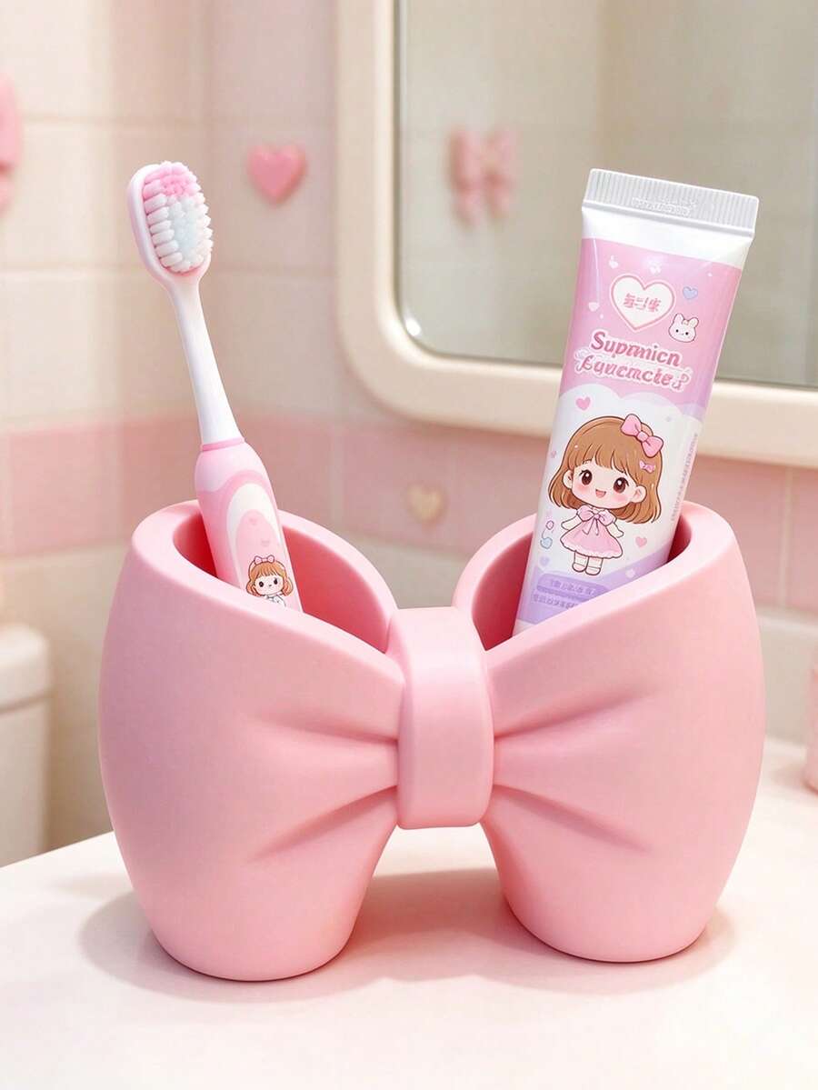1 cái cốc đựng bàn chải đánh răng trẻ em phong cách dễ thương màu hồng nơ, 2 ngăn - Hồng - Xem 1