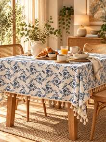 1pc Blue Floral Tassel Tablecloth, Linen Texture Country Style Dining Tablecloth, French Pastoral Home Decor Tablecloth - Blue - View 8