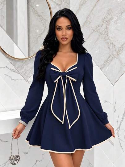 AIJ Elegante vestido de fiesta de línea A para mujer, escote en forma de corazón con lazo delantero, falda corta de punto con mangas largas acampanadas, creando un look sexy, azul marino, casual de otoño para uso diario, citas, fiestas y salidas