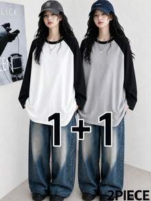 2pcs/Set Spring/Autumn/Winter New Y2K Women's Round Neck Contrast Color Raglan Long Sleeve T-Shirt Gen Z - Off-white - View 5